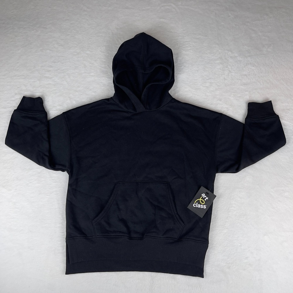 Art Class Fleece Hoodie Girls Small Black Solid Rib Trimmed Kangaroo Pocket